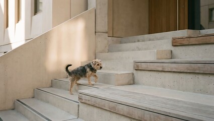 Dog Ascending Stairs, Urban Setting, Lifestyle Image, Outdoor Environment, Captured in Daylight