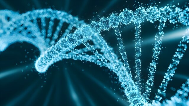 Glowing blue dna double helix structure in microscopic view with radiant light effects - Powered by Adobe