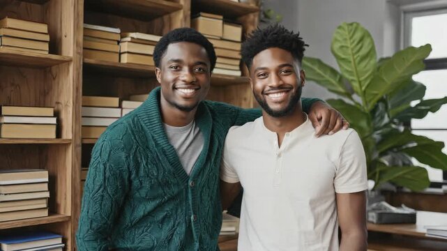 Two men in a library, sharing smiles.
