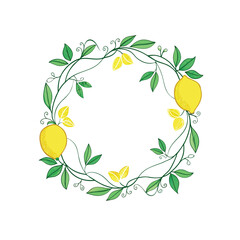 Round vector wreath of fresh lemons, , green leaves