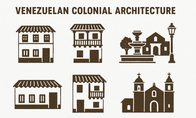 Fototapeta premium Venezuelan colonial architecture icons in flat vector grid with rugged torn texture on white background