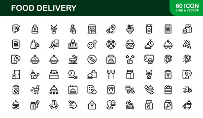 Food Delivery Line Icon Set – Professional Minimal Outline Icons for Apps, Websites, and Digital Services, Modern Vector Graphics Pack
