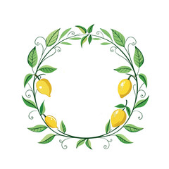 A circular design featuring bright yellow lemons adorned with green leaves on a white background