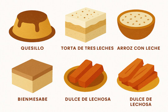 Venezuelan dessert icons in flat vector grid with rugged torn texture on white background