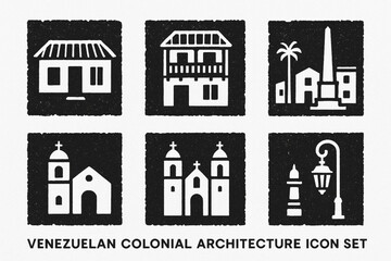 Fototapeta premium Venezuelan colonial architecture icons in flat vector grid with rugged torn texture on white background