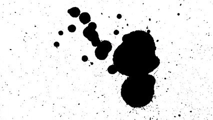 Black ink blot and splatter on a white background, dark grunge texture.