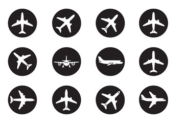 Set of 12 White Commercial Airplane Icons in Black Circles for Travel and Navigation