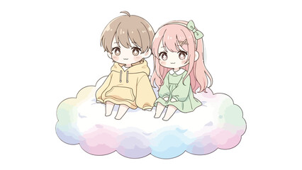 Whimsical Romance on a Cloud: Two charming cartoon figures, a boy and a girl, share a sweet moment as they sit together on a fluffy rainbow cloud.