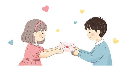 Secret Hearts: A tender exchange of letters. Two lovers express their affection, the exchange painted with symbols of love and affection. A glimpse into a blossoming romance.