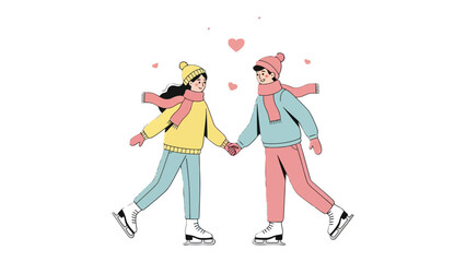 Ice Skating Couple Embracing Winter Romance: An adorable couple glides across a frozen rink, hands clasped, surrounded by delicate hearts.