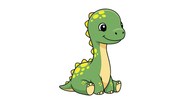 Sweet baby brachiosaurus or brontosaurus cartoon character sitting with a gentle smile, featuring a green body and yellow spots.