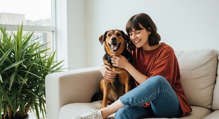Happy woman embracing her cheerful mixed-breed dog while relaxing on a comfortable sofa at home.