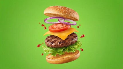 Delicious Beef Burger Ingredients Flying In The Air Isolated