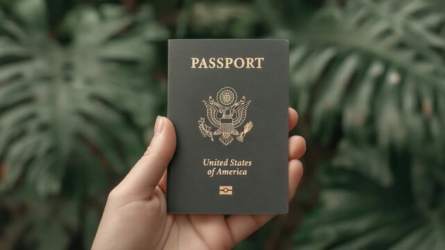Hand Held United States Passport Displayed Against Lush Green Background for Travel and Identity Themes 4k video footage