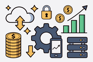 A collection of icons representing cloud computing, data security, financial growth, and digital technology concepts for modern business.