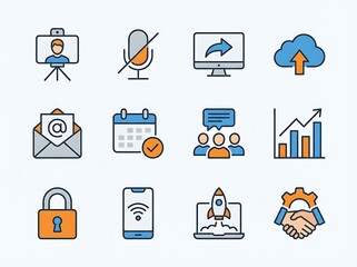 Digital Interface Icons: A comprehensive collection of modern digital icons, ideal for communication and interface design, depicting technology integration.