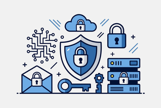 Illustration of cloud computing, security, and data protection with icons like locks, servers, encryption, and key, symbolizing secure data management