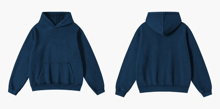 Blank Washed Navy Blue Hoodie Front and Back View Isolated on White Background for Mockup