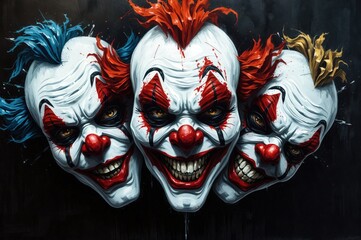 Three grinning clowns with painted faces and red paint splatters stare menacingly. Use: horror movie poster, haunted attraction backdrop.