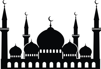 Silhouette illustration of grand mosque with domes and minarets, Islamic architecture design for Ramadan, Eid, cultural celebration themes, spiritual and religious artwork © Sahidul