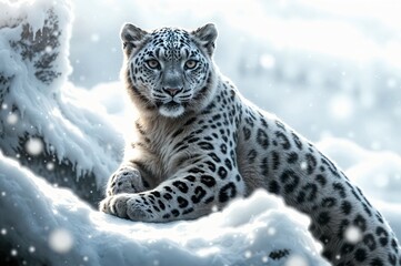 Fototapeta premium A snow leopard rests on a snowy mountain, its intense gaze surveying the cold winter landscape. Use: wildlife documentary opening, national park.