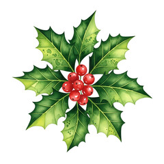 Beautiful watercolor holly leaves with red berries