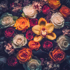  A dense bouquet featuring a mix of roses and an orchid