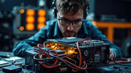 Male technician assembles intricate electronic circuitry in a well-lit workshop. Use: tech company brochure, instructional manual cover.