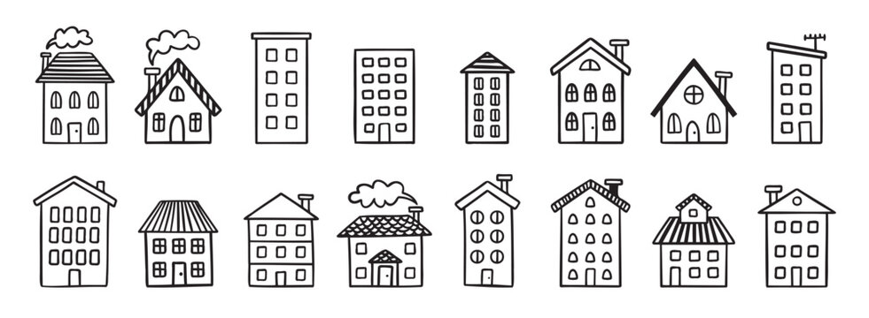 House building with roof doodle hand drawn icon set. Outline drawing house building with roof line clipart symbol collection