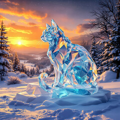A 3D ice sculpture depicting a cat, front view, vibrant light, in winter decor