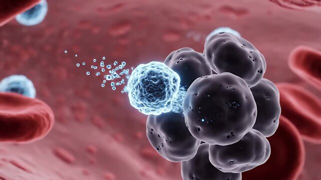 Blood cells and platelets flowing in a blood vessel, microscopic view of human circulatory system.