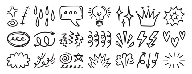 Set of random doodle sketch elements, decorative hand drawn icons for creative design