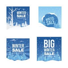 Winter sale and discount promotion background collection with snow, trees, and seasonal typography.
