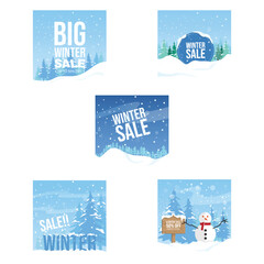 Flat winter landscape background and sale banner bundle with pine trees and snow.