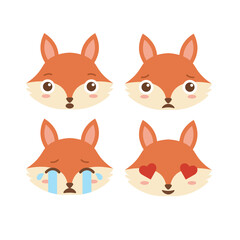 Cute set of cartoon fox faces with different emotions. Adorable forest animal icon expressing surprise, sadness, crying, and love. Sweet vector avatar collection.