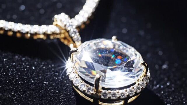 A magnificent gold necklace adorned with a large, sparkling diamond, surrounded by smaller stones, set against a dark, textured background