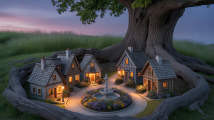 Charming Fairy Tale Village Encircled by Ancient Tree Roots at Dusk, Featuring Cozy Cottages, Fountain, and Warm Glowing Lights in a Whimsical Setting