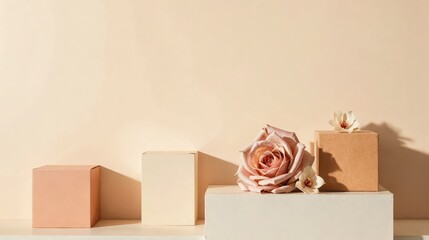 Soft pastel boxes and blooming roses create a minimalist, elegant arrangement on neutral surfaces. Use: cosmetic packaging mockup, fragrance.