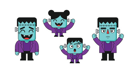 Obraz premium Cute cartoon Frankenstein's monster character set showing various emotions like happy, sad, and surprised, great for Halloween.