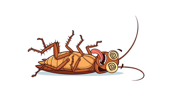 A defeated cartoon cockroach lies on its back with dizzy spiral eyes and its tongue sticking out, symbolizing pest control success.