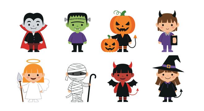 A cute collection of eight children in various Halloween costumes, including a vampire, witch, angel, mummy, and devil.