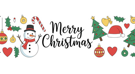 Fototapeta premium A festive Merry Christmas banner featuring cute hand-drawn doodles of a snowman, candy cane, Christmas tree, and other ornaments.