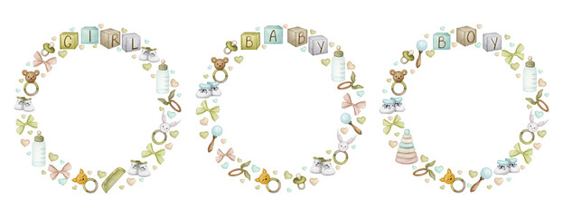 Set of round baby frames in pastel colors. Watercolor wreath, backdrop for birthday card, gender party, baby shower, children's party. Greeting card, invitation in Scandinavian, boho, retro styles.