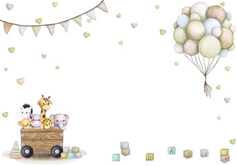Cute toys in the chest. Watercolor frame, banner, backdrop for birthday, gender party, baby shower, children's party.  Horizontal card, poster, invitation. Scandinavian style, boho, retro.
