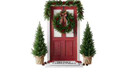 Decorative Christmas Door with Wreath and Potted Pine Trees on Transparent Background