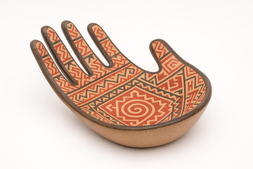 Hand-Shaped Tribal Ceramic Hand Bowl with Geometric Indigenous Patterns