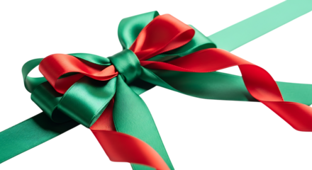 Festive Red and Green Satin Ribbons Tied in Bow for Christmas Decoration