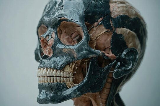 Detailed anatomical study of a human head showing internal structures. Use: medical textbook, scientific poster.