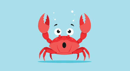 A bright red cartoon crab is shown with a surprised expression, wide eyes, an open mouth, and its claws raised in the air.