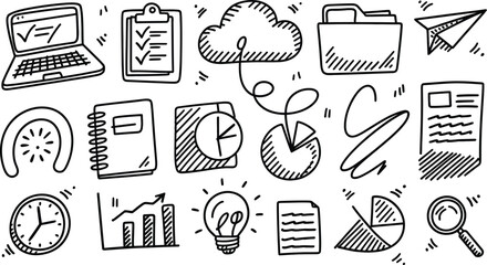 Hand Drawn Business and Office Doodle Icon Set. Sketch of Finance, Management, and Productivity Elements, Vector illustration